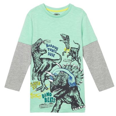 Boys' green dinosaur print mock sleeve t-shirt